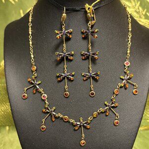 Set of jeweled 5-dragonfly necklace & matching 3-dragonfly leverback earrings